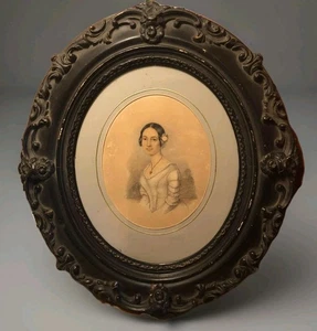 Antique 1835 Portrait of Lady in Ornate Oval Frame w/ German Inscription - Picture 1 of 8