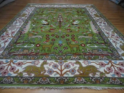 Alfombra turca Oushak, (árbol de la vida) alfombra de león de caza, alfombra bohemia hecha a mano, 9x12 pies Foto 1 de 4