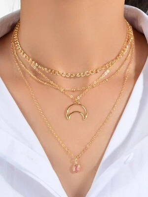 Multi-layer Gold Tone Chain Moon Water Drop Pendant Necklace Girls Party Jewelry - image 1 of 4