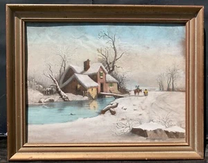 Antikes Gemälde Winterdorflandschaft mit Figuren - Bild 1 von 8