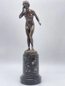 VINTAGE HANS RIEDER SIGNED BRONZE ART DECO OF A NUDE WOMAN ON A MARBLE BASE - Picture 1 of 18