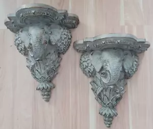 Set 2 Vintage Elefant Halterung Wandleuchter Regale geschnitztes Holz Harz Regal Paar 12" - Bild 1 von 5