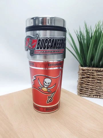 Tampa Bay Buccaneer - Tumbler Mug w/ Metal Emblem - Coffee Mug - Travel Tumbler Cover