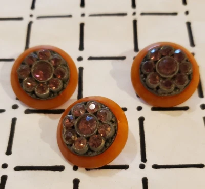 3 Vintage Bakelite & Rhinestone Buttons Marbled Butterscotch 1" Diameter - Image 1 of 4
