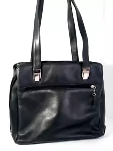 Black Leather Shoulder Bag. Double Handles Zip Close Multi Pockets - Picture 1 of 10