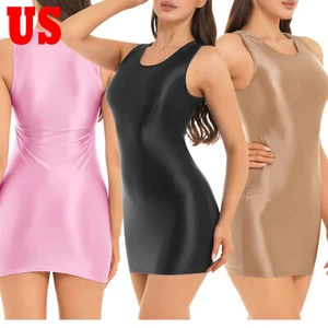 FEESHOW Womens Glossy Bodycon Mini Sundress Oil Shiny Sheer Pencil Dress AU - Picture 1 of 93