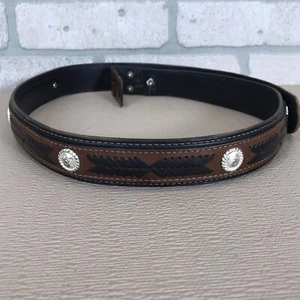 Vintage Western Mexican Handmade Belt Black Brown Woven Leather Conchos 38 *FLAW - Picture 1 of 14