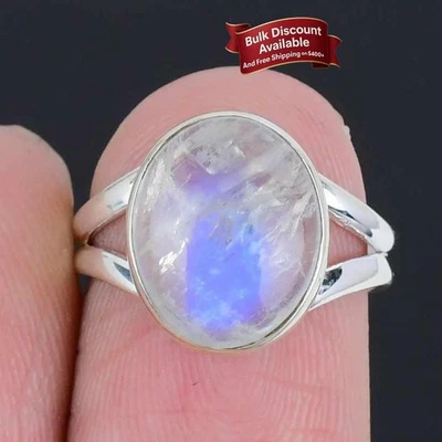 Anillo con racimo de hija étnica artesanal piedra lunar arco iris talla 6 plata maciza Foto 1 de 4