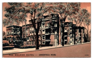 GREENFIELD, MASSACHUSETTS - HOTEL WELDON - CARTOLINA D'EPOCA IN LINO - Foto 1 di 2