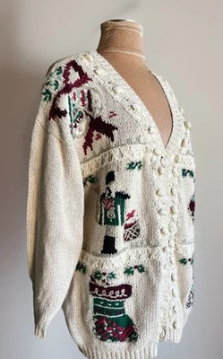 Vintage 1995 Tiara International Christmas Sweater Ivory Cardigan Holiday Cozy - Image 1 of 4