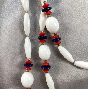 Hobe Necklace or Belt 72 inch White Bead Red Blue Gold-Tone Patent Clasp Marked - Picture 1 of 8