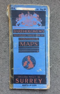 Antique Cloth Map – Bartholomew’s Surrey Sheet 30 – c.1950s Fold-Out Contoured - Picture 1 of 8