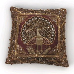Pier 1 One Peacock Throw Pillow Sequined Beaded Burgundy Gold Decor - Picture 1 of 5