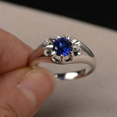 Round Cut Lab Created Blue Sapphire Ring For Women's 14k White Gold Plated - Image 1 of 4