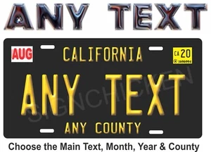 Placa de licencia negra de California, CUALQUIER TEXTO, VANIDAD, ASPECTO EN RELIEVE, NUEVA - Imagen 1 de 1
