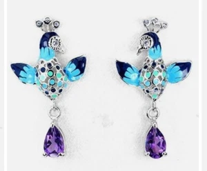 Bird Enamel Peacock Amethyst Purple 925 Sterling Silver Dangle Drop Earrings HTF - Picture 1 of 3