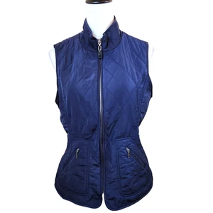 Talbots Womens Long Quilted Vest Medium Petite Navy Blue Full Zip Front Pockets - Picture 1 of 14