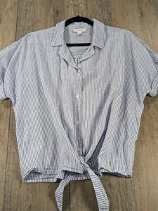 Beach Lunch Lounge Top Womens Large Blue Striped Short Sleeve Linen Bld Preppy - Picture 1 of 11