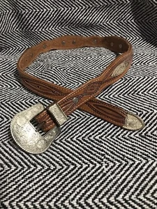 Dun Dee DunDee Brown Leather Belt Made In USA Size 26 Silver Buckle & Conchos - Picture 1 of 13