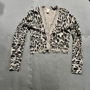 Cardigan maglione Neiman Marcus stampa leopardata orlo grezzo misto cashmere angora med - Foto 1 di 12
