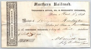 1846 Boston MA Treasurer Receipt Northern Railroad Stock Benjamin Huntington - Picture 1 of 2