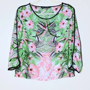 Rose & Olive Hibiscus Flower Floral Top Pink Green Hawaiian Tropical Size Medium - Picture 1 of 6