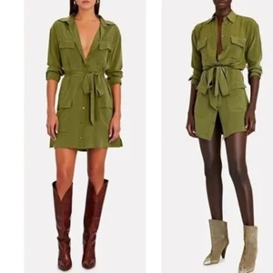 NWOT Intermix Julianna Washable Silk Shirt Dress In Olive/army Size 0 Tie Waist - Picture 1 of 10
