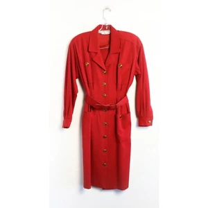 Rare Vintage Kenar red wool dress fitted classic 1980s petite XS belted office - Picture 1 of 10