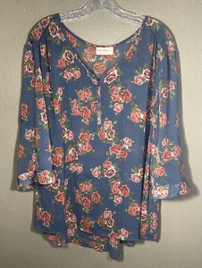 Top tunica floreale Bobbie Brooks donna taglie forti 3X blusa trasparente manica lunga 1-21 - Foto 1 di 11
