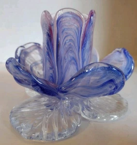 HAND BLOWN ART GLASS LOTUS FLOWER CANDLE HOLDER - Picture 1 of 5