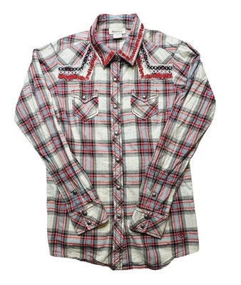 Camisa Ariat feminina pequena vermelha xadrez ocidental botão de pressão manga comprida bordada - Imagem 1 de 4