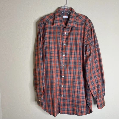 camisa social masculina kiton tamanho 17 aprox laranja xadrez multicolorida manga longa Itália - Imagem 1 de 3