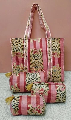 Indien Pêche Tigre Matelassé Épaule Sac Coton Avec 3 Articles de Toilette Set US - Photo 1/2