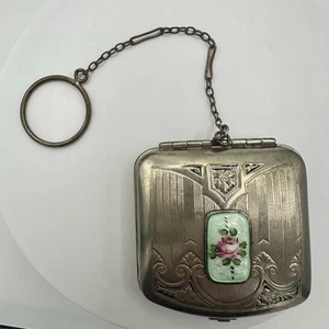 Antique Art Deco guilloche enamel silver plated finger dancing purse compact - Picture 1 of 11