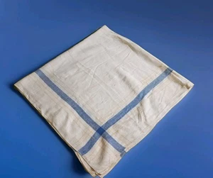Vtg White Linen 42in Square Table Cloth Cover Blue Yellow Stripes Farmhouse READ - Picture 1 of 9