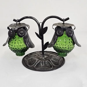Vtg MCM Hobnail Glass Metal Hanging Owls Tree Stand Salt Pepper Shakers Green - Picture 1 of 11
