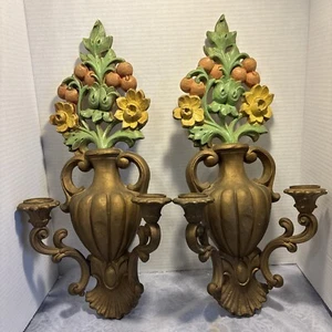 Vintage HOMCO Pair Large Floral Urn Candle Sconces Hollywood Regency Mid Century - Picture 1 of 12