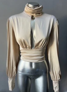 Satin Sexy Champagne Halter Back out Party Long port sleeve Blouse - Picture 1 of 5