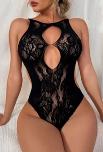 Schwarz Spitze Netz Ausschnitt Teddy Body Frech Sissy Feminin Heiß Sexy Einheitsgröße - Bild 1 von 3
