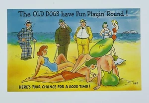Risque Comic Beach Scene Old Dogs Playin Round Bathing Beauty Linen Postcard UNP - Picture 1 of 2