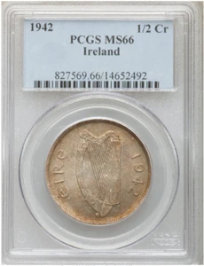 Top Pop! 1942 Ireland Half Crown 1/2 Cr MS 66 PCGS, Toning, Patina! Old Slab! - Picture 1 of 2
