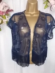 ATMOSPHERE(4741)NAVY BLUE SEQUINED EVENING FRINGED,SHRUG,SIZE 14/39" - Picture 1 of 10