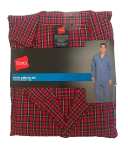 Hanes Mens Woven Pajama Set Sz M Red Plaid Check Long Sleeve New - Picture 1 of 3