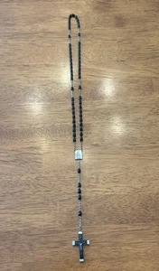 Italy Stamped Silver Tone With Black Beads Rosary Necklace 18.5” - Picture 1 of 5