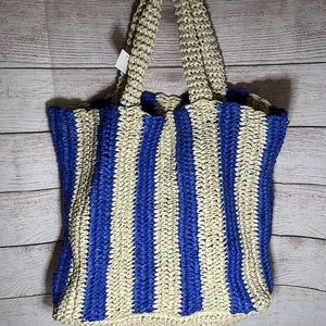 Mark & Graham CABANA STRIPE NWT STRAW BEACH TOTE Blue Stripe NEW NWT - Picture 1 of 6