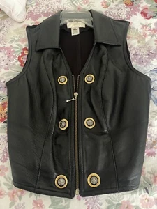 CACHE Black Leather Women's Biker Vest w/ Gold Lion's Head Buttons - Size M - Picture 1 of 7
