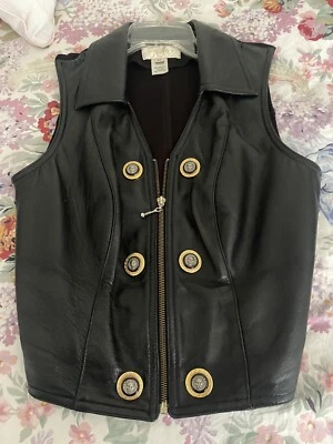 CACHE Black Leather Women's Biker Vest w/ Gold Lion's Head Buttons - Size M - Image 1 of 4