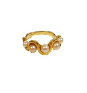 Cultured Graduated White Pearls Ring - 14K yellow Gold Serpentine Setting Size 6 - Picture 1 of 5