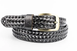 Black Braided Leather Belt Brass Buckle Unisex Vintage Style Durable L/XL - Picture 1 of 4