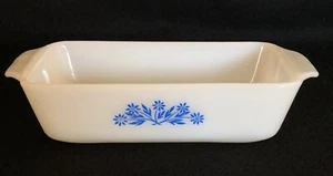 RARE #14 Vintage Anchor Hocking Milk Glass 9" x 5" Loaf Pan Blue Flower 01-67 - Picture 1 of 7